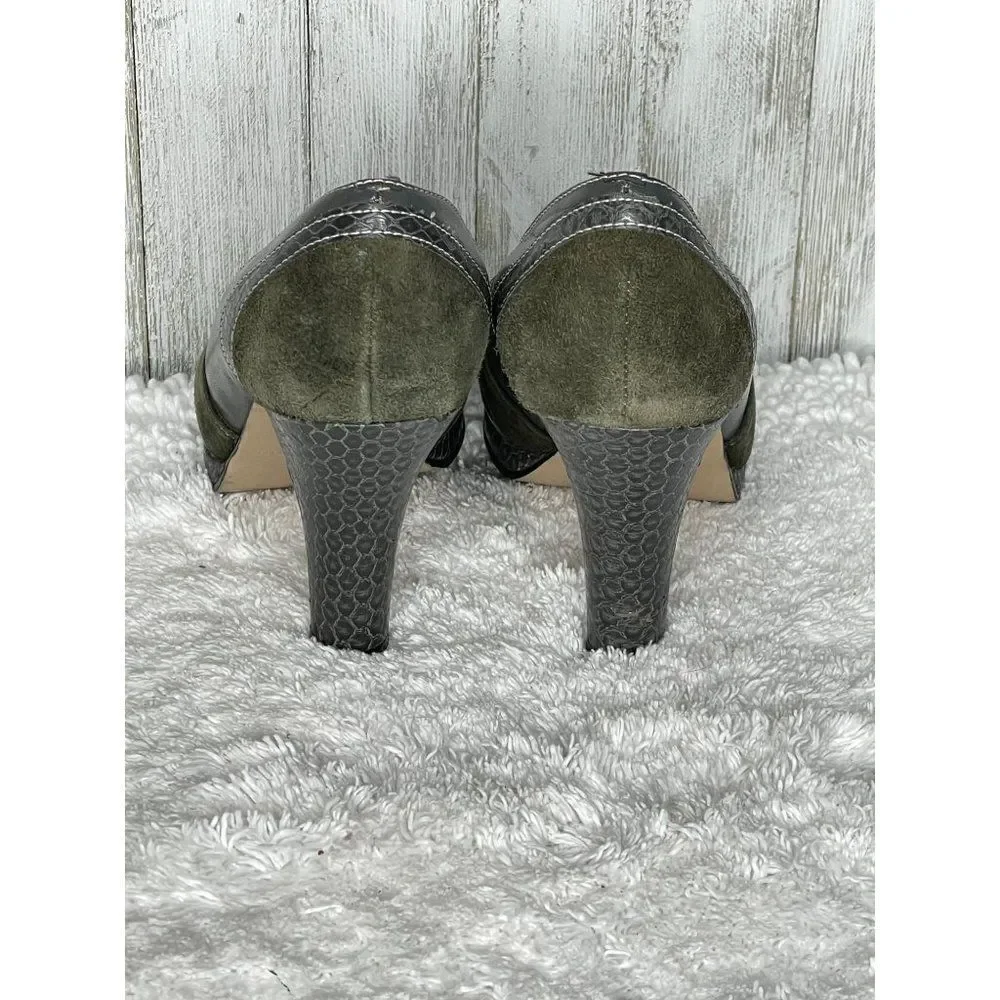 Bisou Bisou Michele Bohbot Gray & Green Suede Peep Toe Heels Size 6